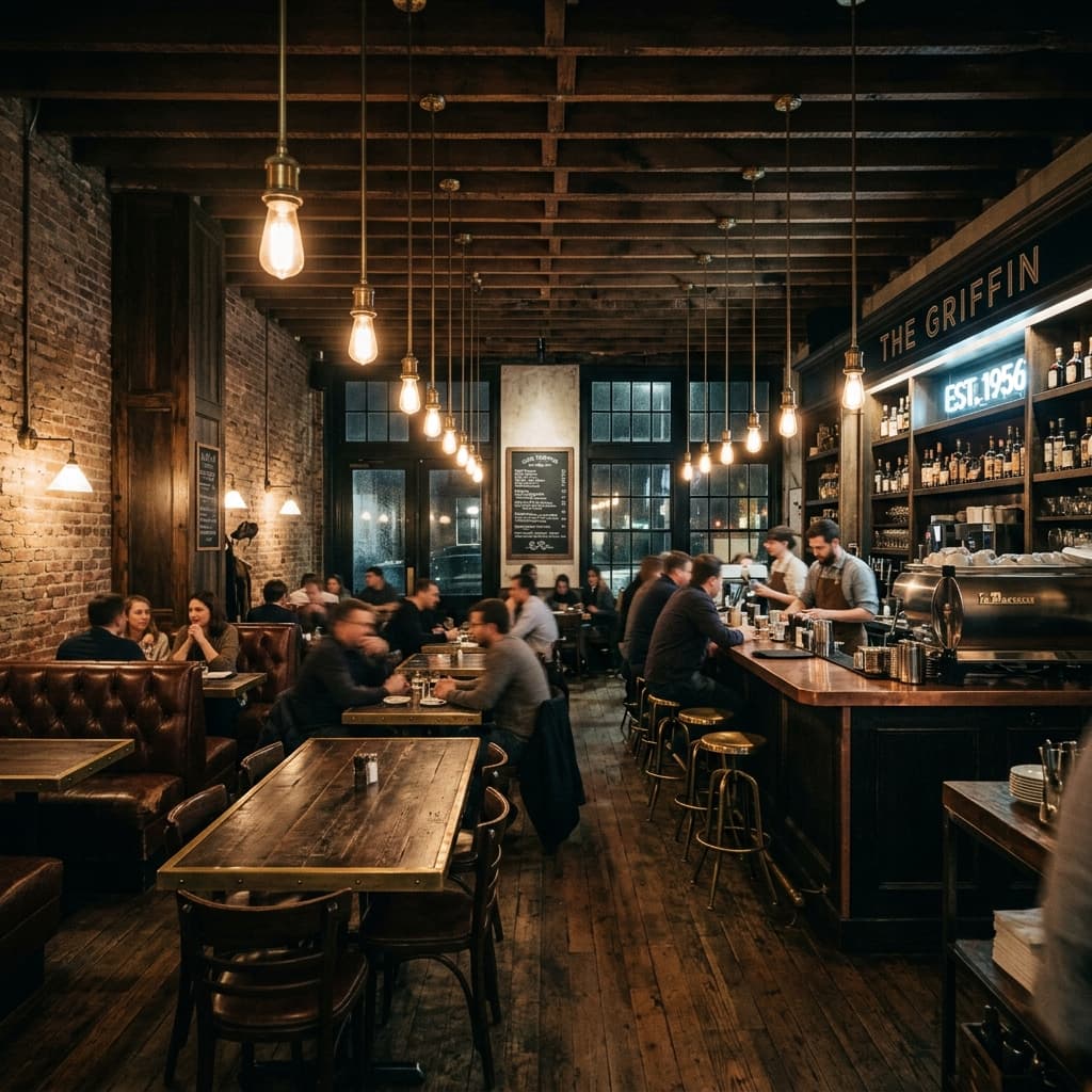 Moody retro cafe interior with Edison bulb lighting