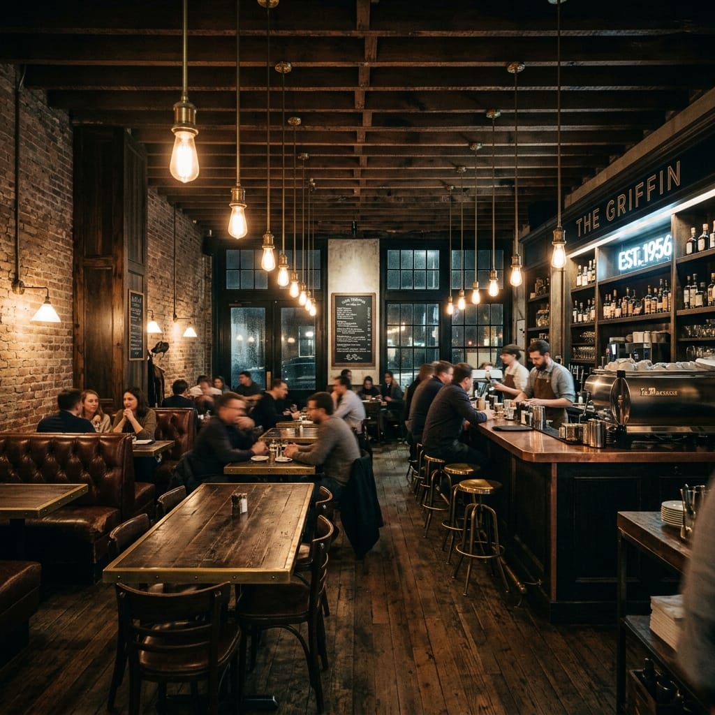 Retro cafe interior with NFC coaster on table