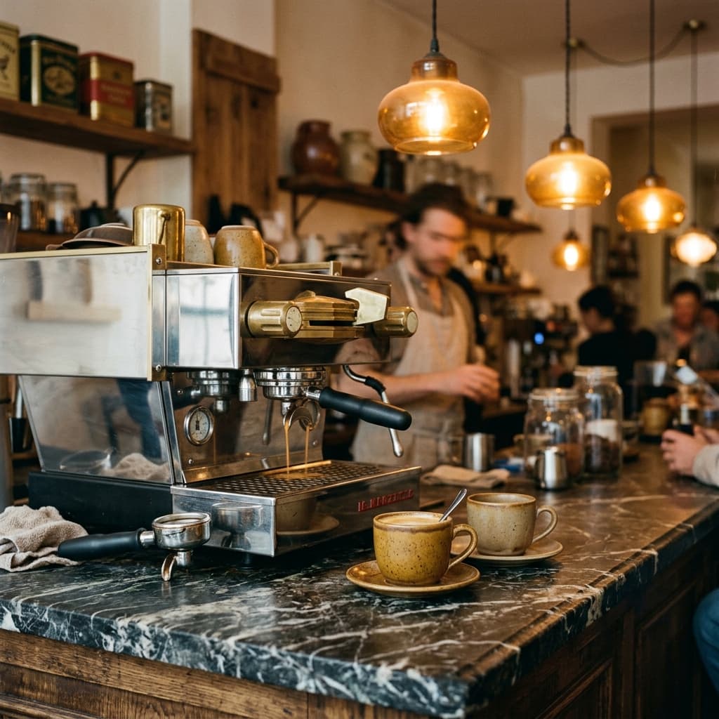 Vintage espresso counter with ceramic cups