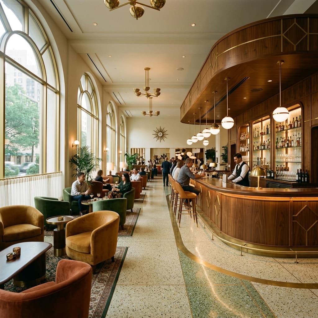 Luxurious retro hotel lobby with velvet armchairs