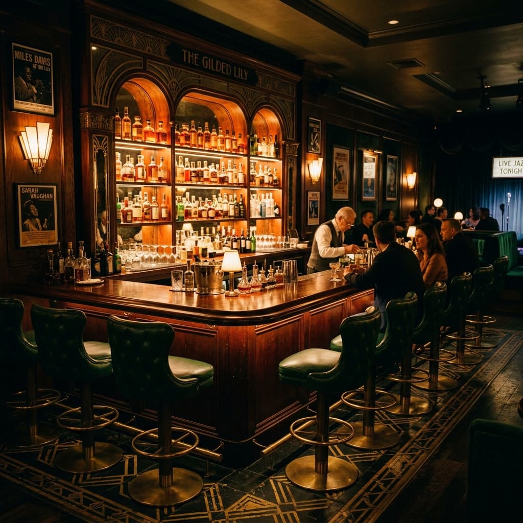 Dark retro cocktail bar with Art Deco elements