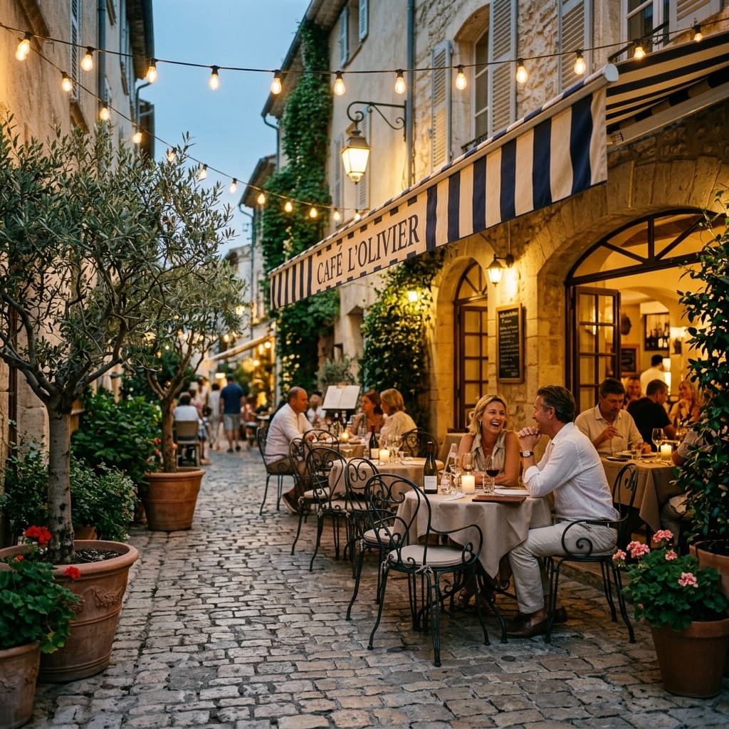 European cafe terrace at golden hour